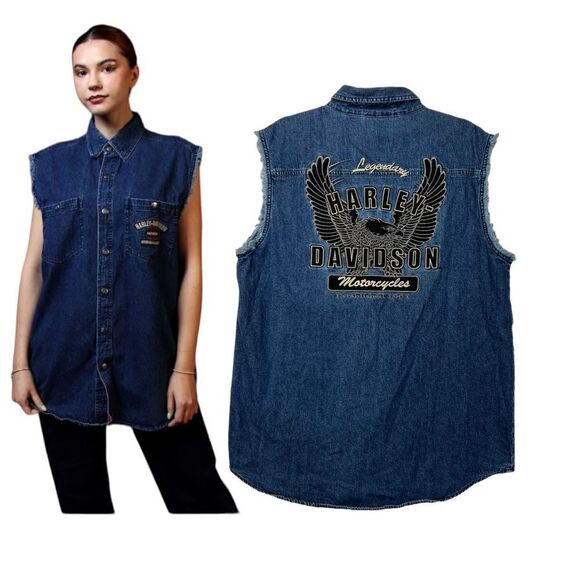HARLEY DAVIDSON EMBROIDERED DENIM VEST xl - Picture 1 of 16